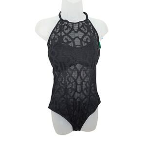 La Blanca Black Lace One Piece Swimsuit Size 14 Halter High Neck Mesh Sheer Sexy